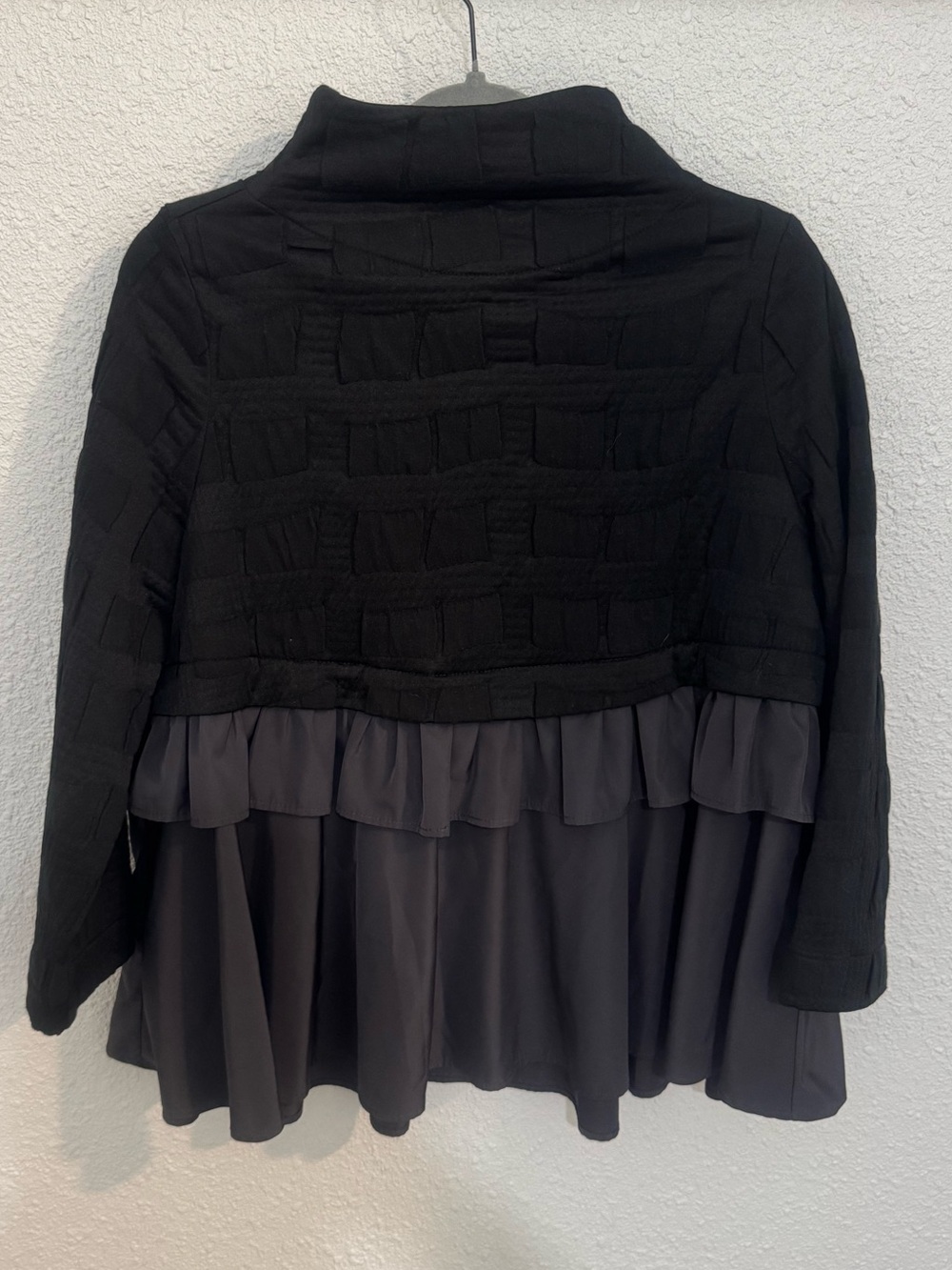 IC COLLECTION Black textured Jacket with Tiered Ruffle layered Peplum Hem
